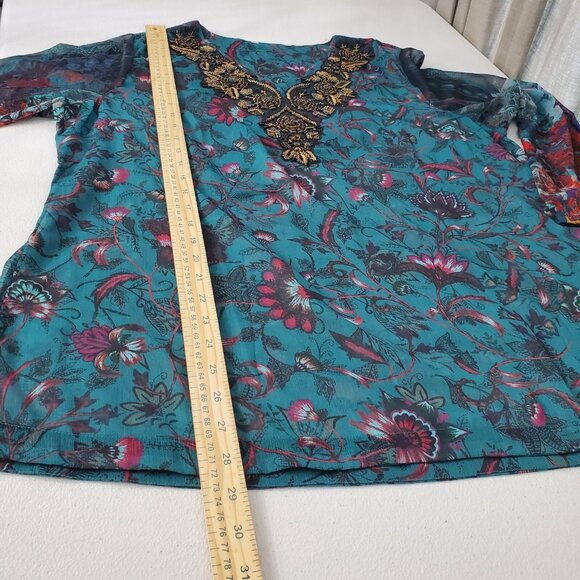 Soft Surrounding Womens Floral Beaded V Neck Tuinc Top Sheer Boho Art To Wear - Picture 7 of 8